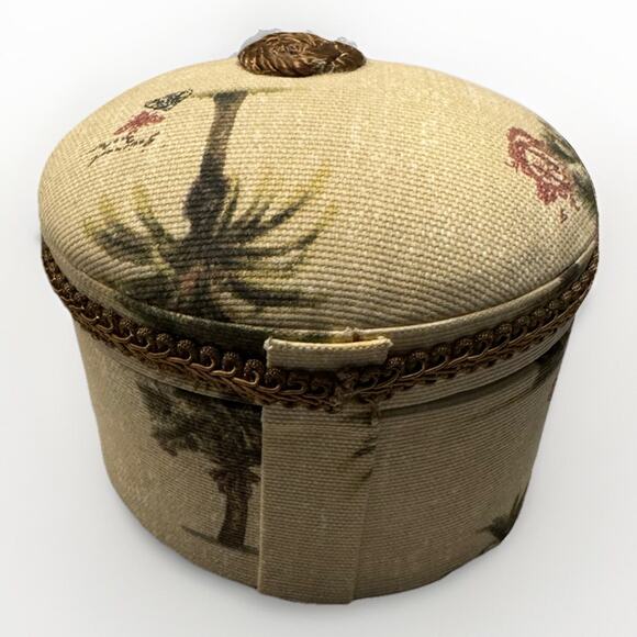 Coastal Design Tapestry Covered Oval Trinket Jewelry Sewing Box - Picture 3 of 8